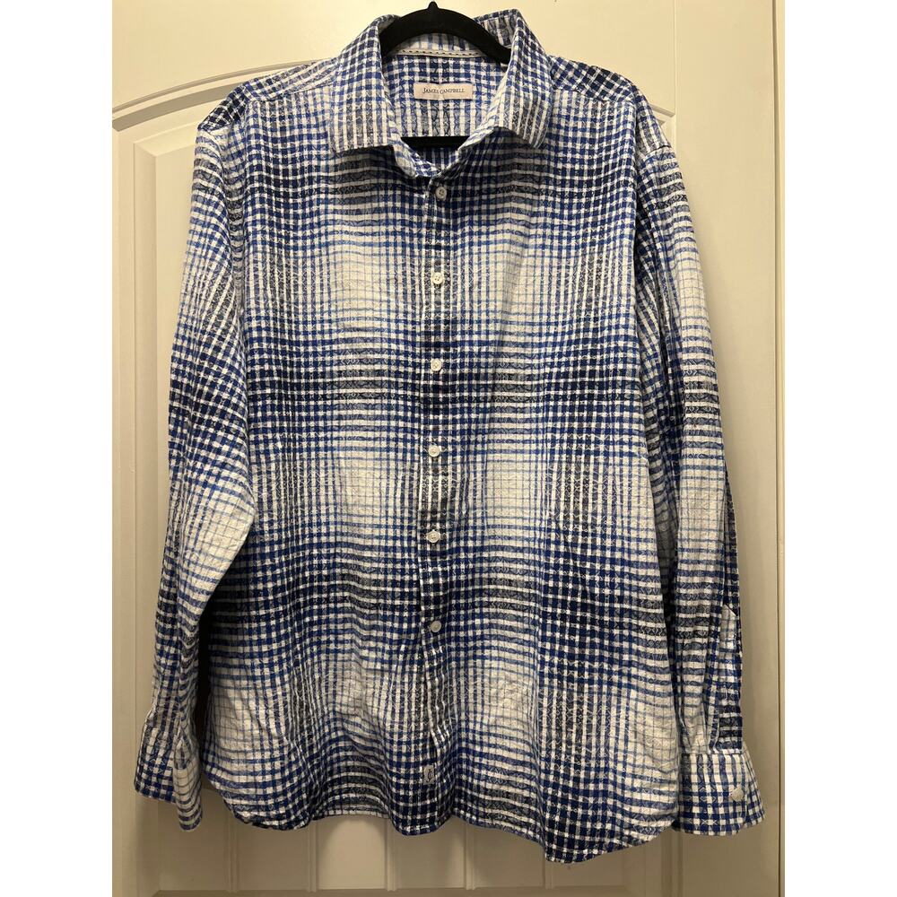 James Campbell Men’s‎ Long Sleeve Plaid Flannel Textured Shirt Sz XXL Blue White
